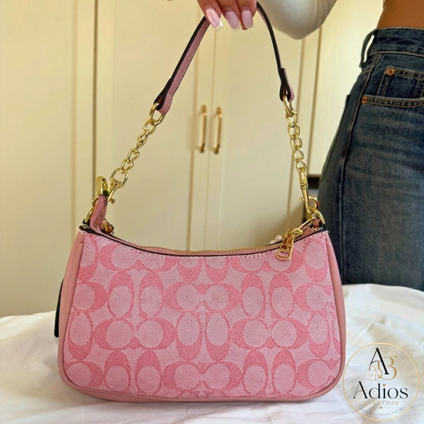 Coach Pink Shoulder Bag | Designer Women's Handbag with Gold Chain Strap