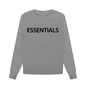Unisex grey Essentials sweatshirt with bold logo design on the back.
