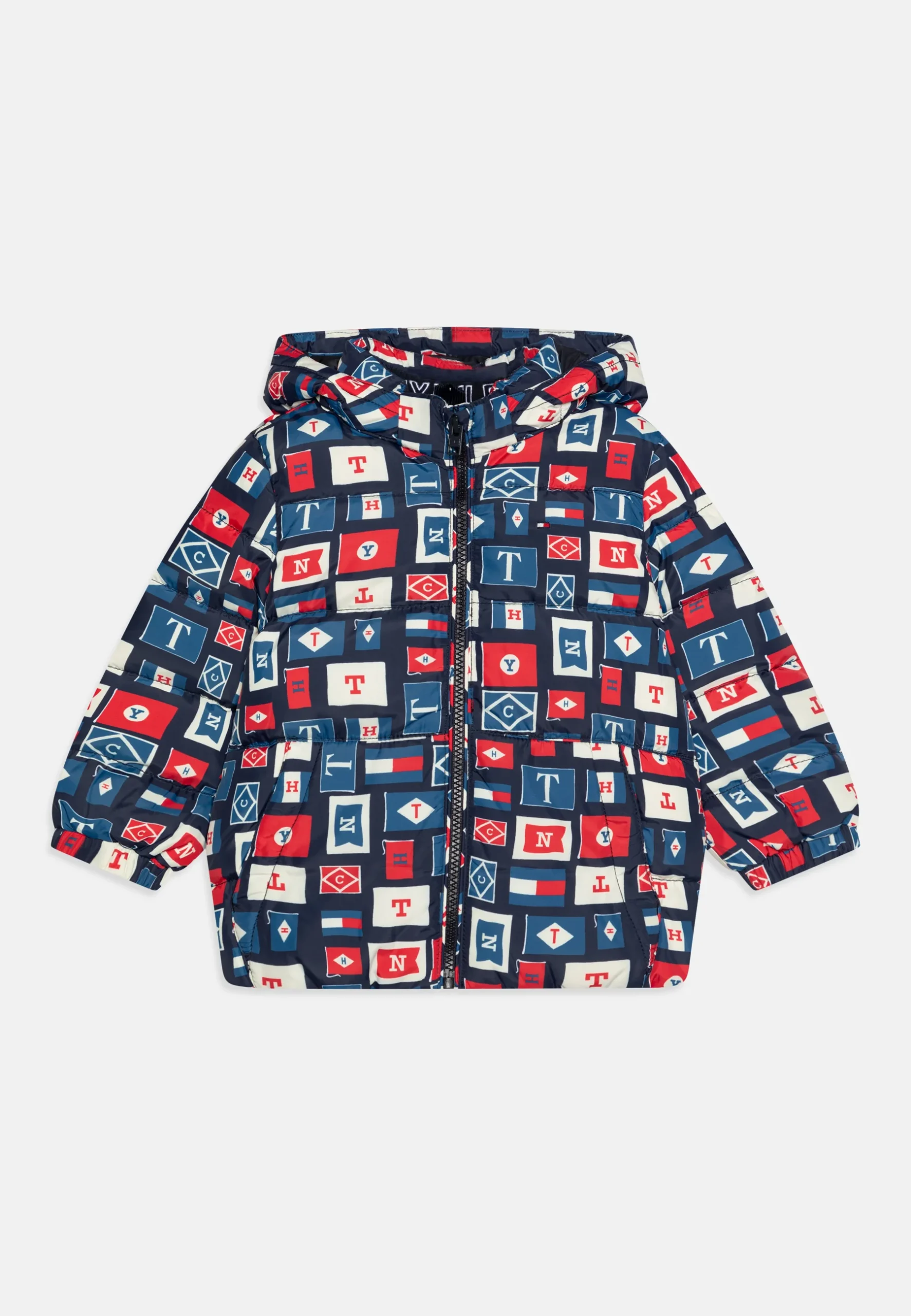 unisex printed puffer jacket close up pattern design
