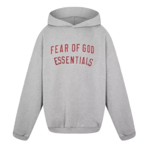 Fear of God Essentials hoodie grey with red logo, streetwear sweatshirt UK