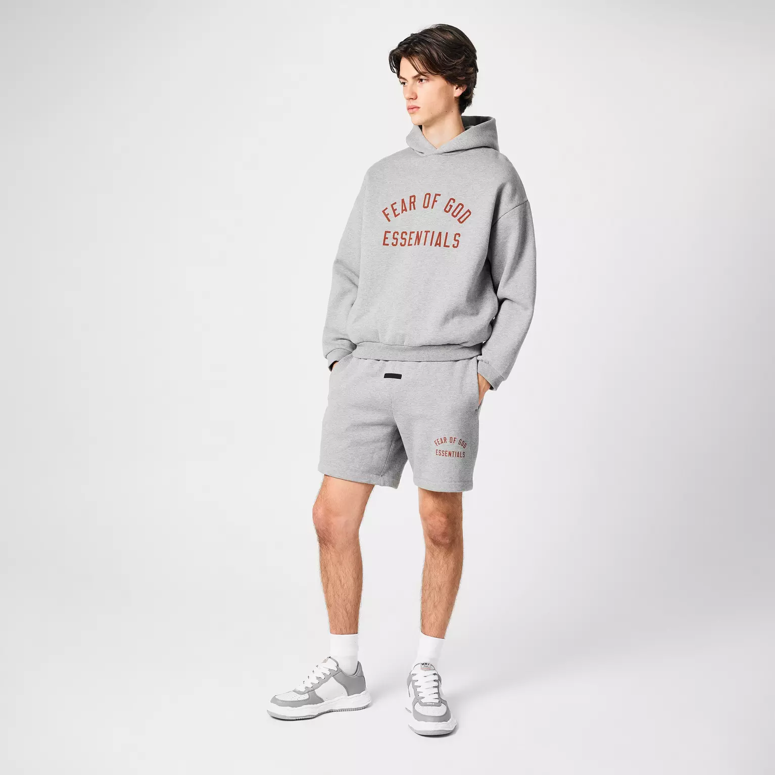 Premium grey Fear of God Essentials hoodie, urban fashion sweatshirt UK