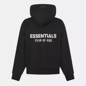 essential full zip black hoodie Fear Of God Essentials black logo zip-up hoodie front view