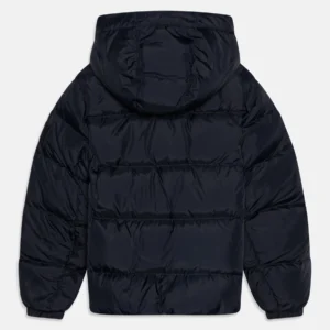 black puffer jacket front view zip closure black padded winter jacket hooded design,