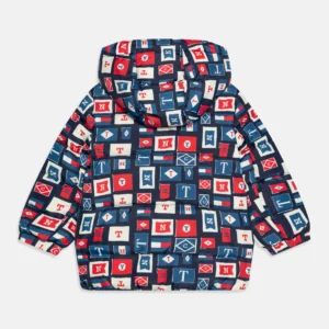 unisex printed puffer jacket back view with hood,