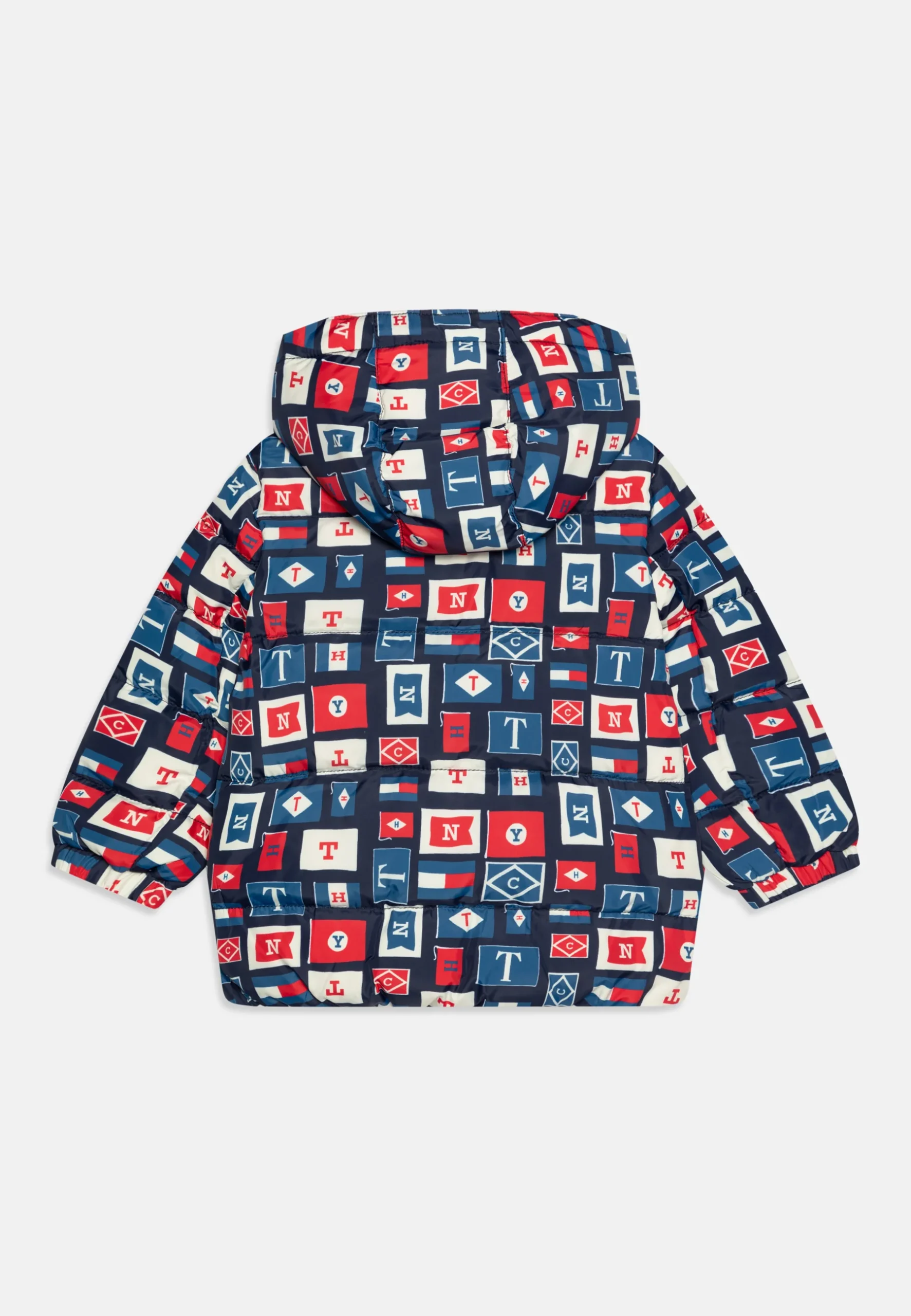 unisex printed puffer jacket back view with hood,