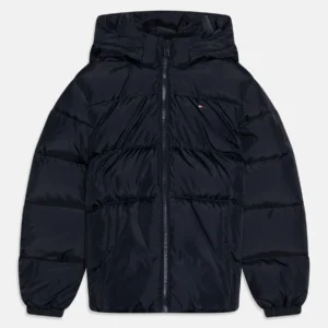 black hooded puffer jacket back view