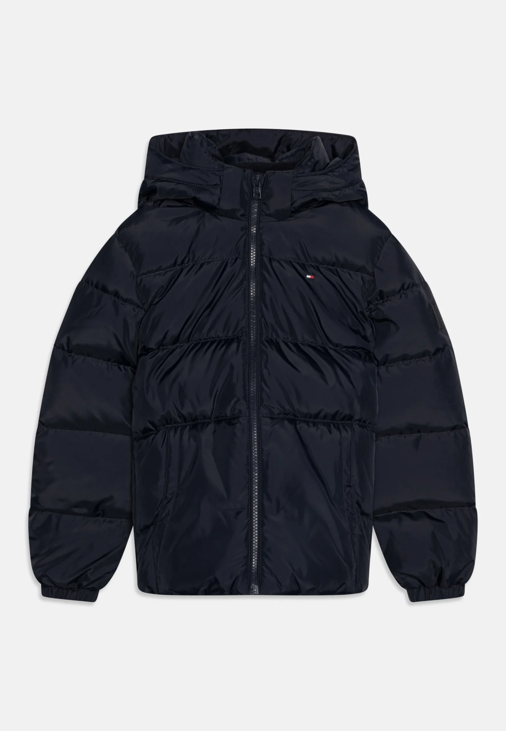 black hooded puffer jacket back view