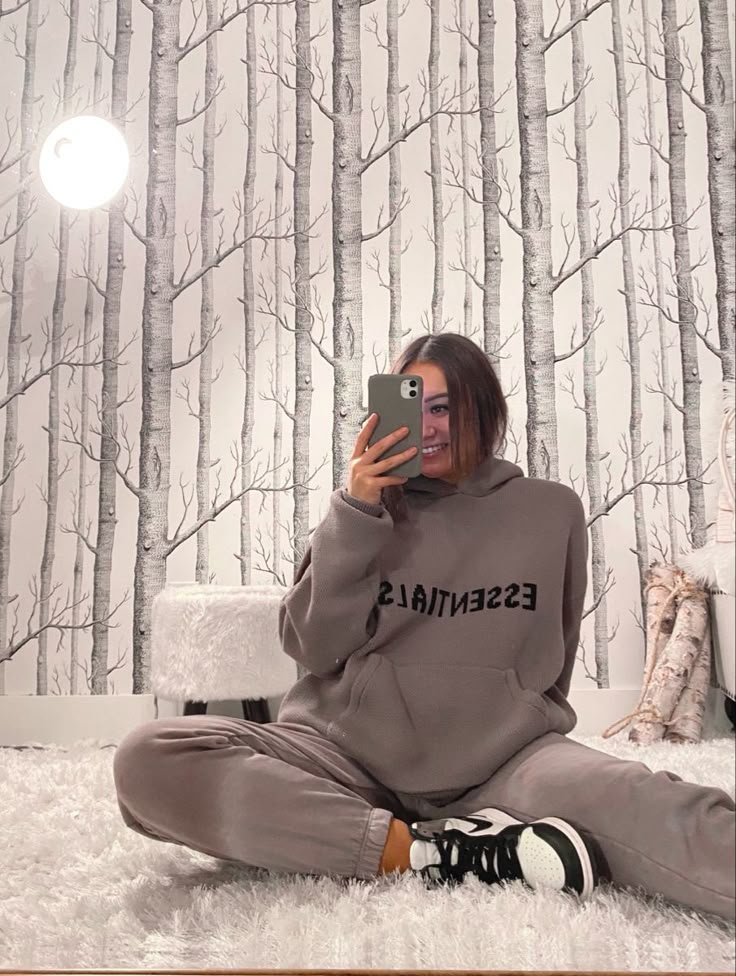 Essential Tracksuit UK taupe worn by woman casual streetwear hoodie