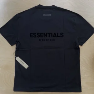 Fear of God Essentials black t-shirt for men with bold logo print