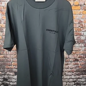 Fear of God Essentials grey T-shirt, front view, oversized unisex streetwear, UK fashion style