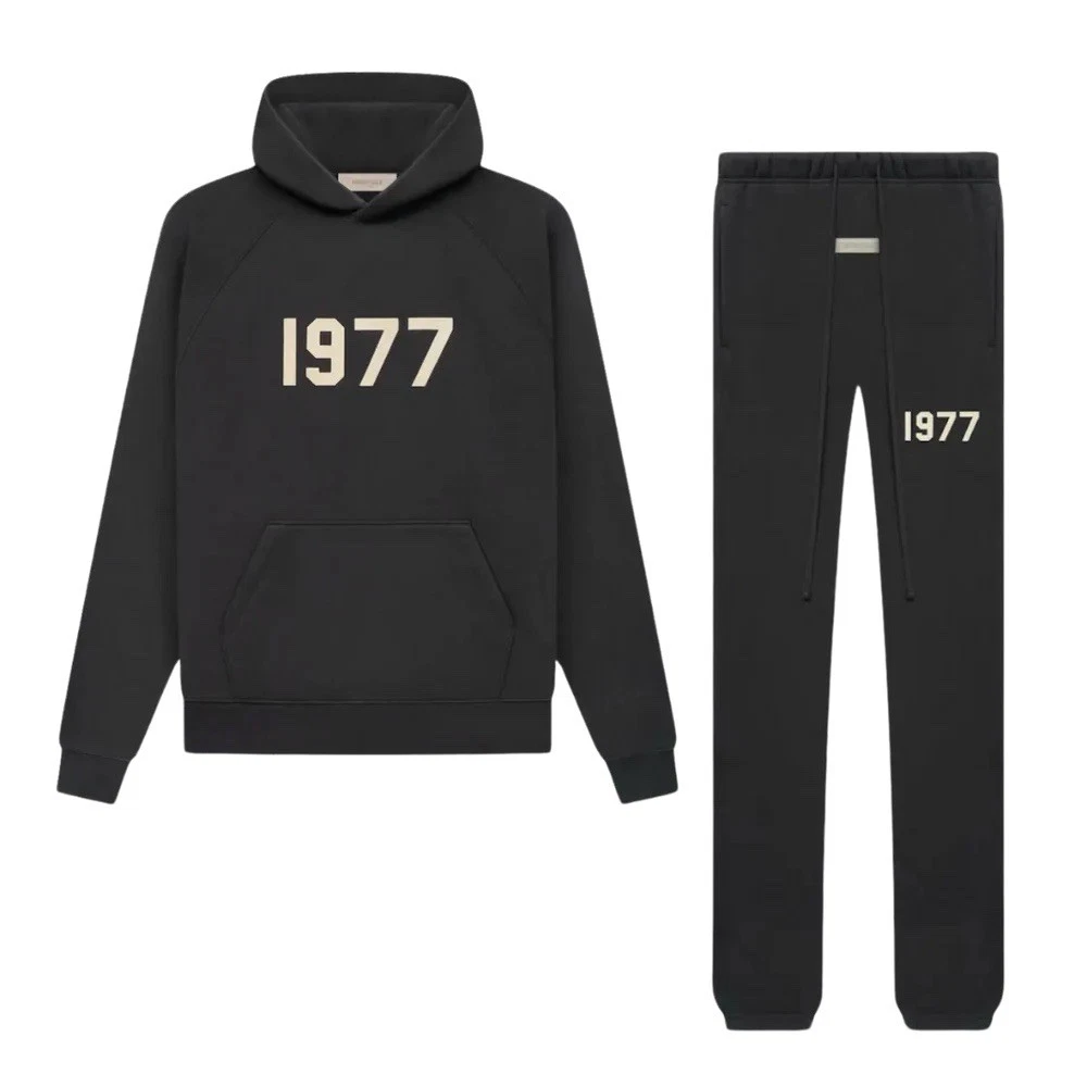 Fear of God Essentials black tracksuit, 1977 hoodie set, UK streetwear