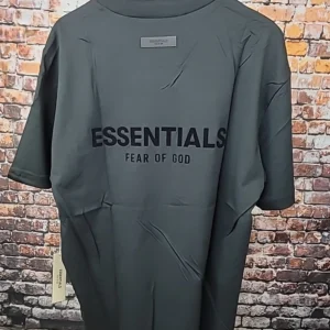 Back view of Fear of God Essentials T-shirt, grey oversized tee, streetwear outfit, UK