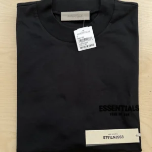 Men’s Fear of God Essentials black t-shirt, front view with logo design